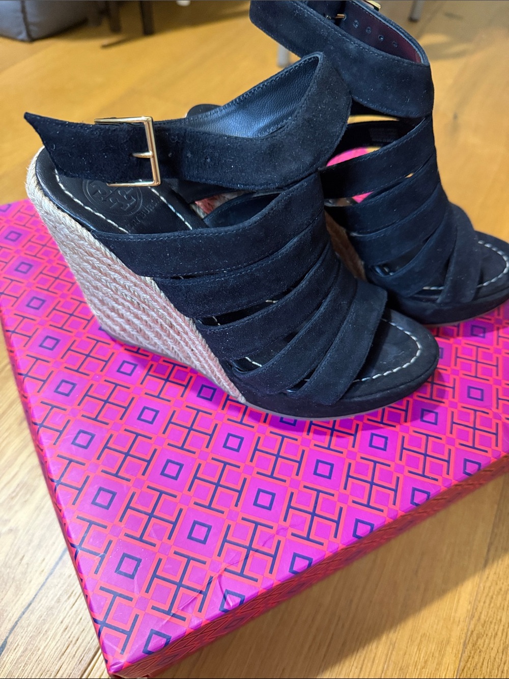Tory Burch Black Suede Espadrille Wedge Sandals